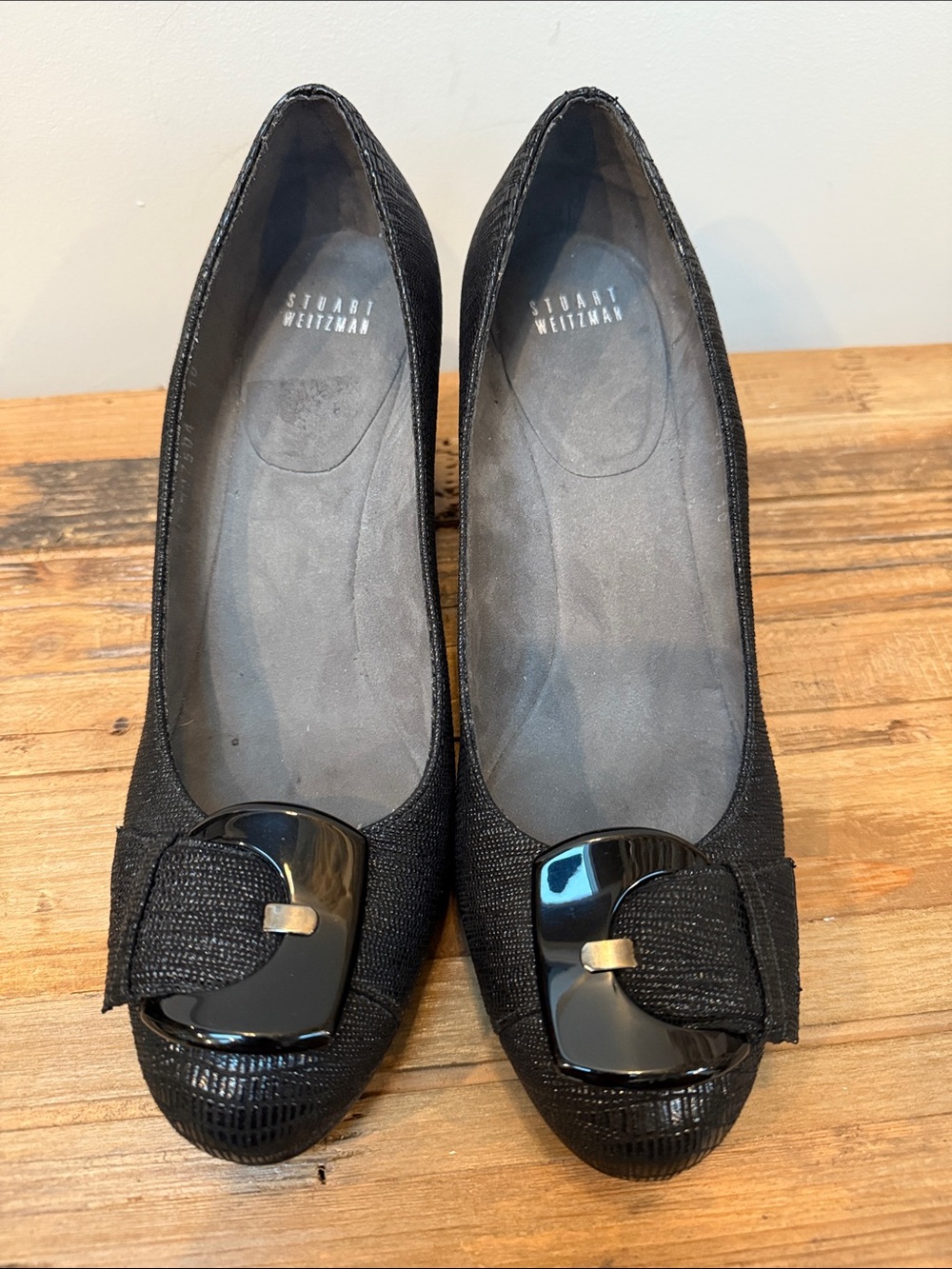 Stuart Weitzman Black Textured Buckle Heels